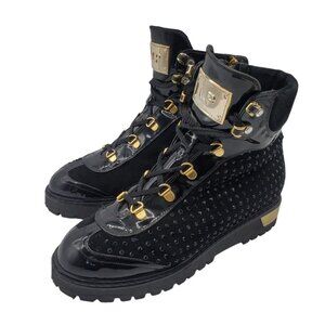 LORETTA PETTINARI Womens Black Suede Gold Accent Ankle Boots EU 38/US 8 M $450